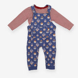 Outfit blue jersey dungarees animal heads in hats 