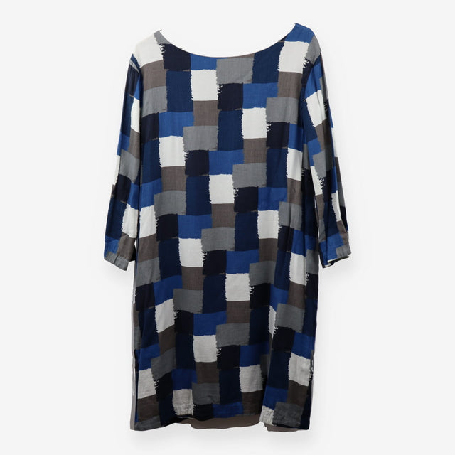 Blue Abstract Check Cotton Shift Dress