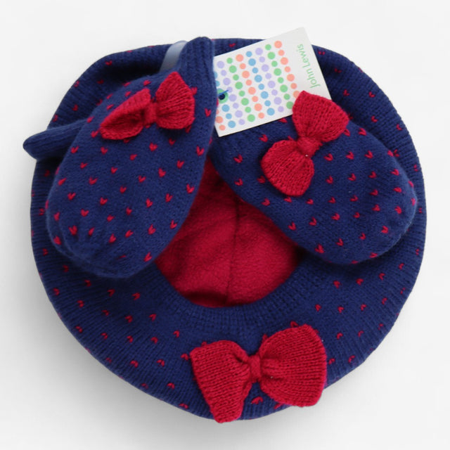 Knit beret and mittens navy blue with red bows