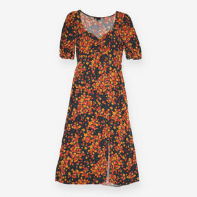 Maxi Dress Black Orange Floral Cut Out Ruched Bust