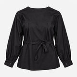 Black 100% Cotton Deep V Neck Button Down Tie Hem 
