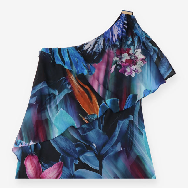 Floral One Shoulder Chiffon Maxi Dress Black Blue