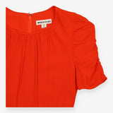 Midi Dress Orange Red Ruched Puff Sleeve Textured