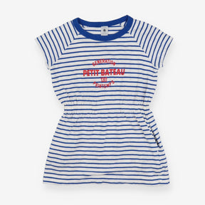 Blue and white stripe dress with red lettering