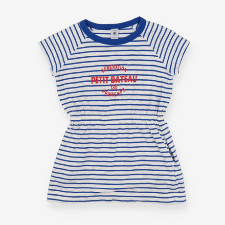 Blue and white stripe dress with red lettering