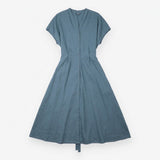 Midi Shirt Dress Teal Blue Linen V Neck Belted