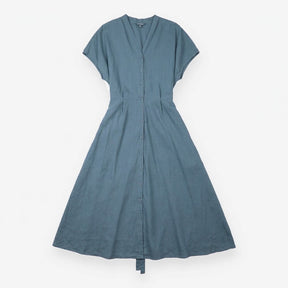 Midi Shirt Dress Teal Blue Linen V Neck Belted