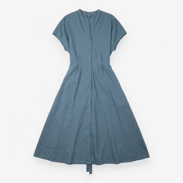 Midi Shirt Dress Teal Blue Linen V Neck Belted