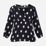 Blouse Navy Cream Novelty Print Wrap V Neck Long S