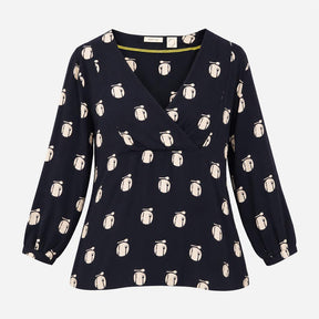 Blouse Navy Cream Novelty Print Wrap V Neck Long S