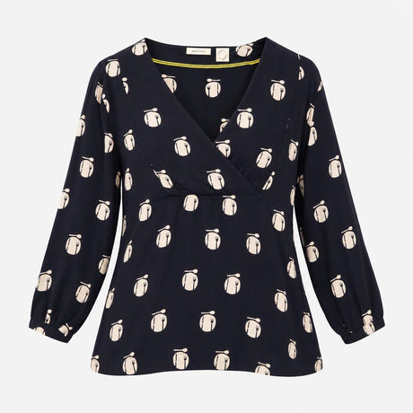 Blouse Navy Cream Novelty Print Wrap V Neck Long S