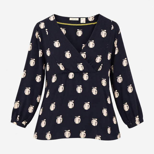 Blouse Navy Cream Novelty Print Wrap V Neck Long S