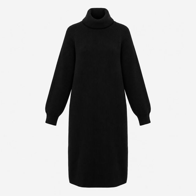 Dress Black Ribbed Turtleneck Long Sleeve Midi Kni