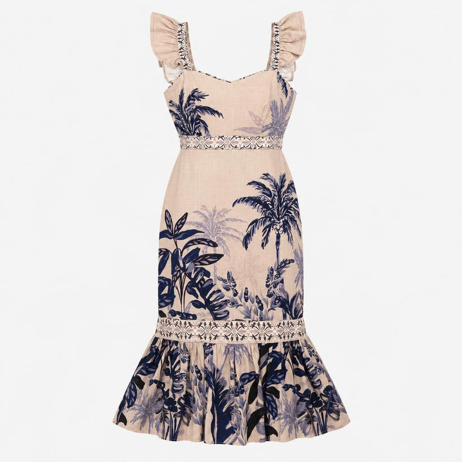 Dress Tropical Palm Print Shirred Cotton Midi Beig