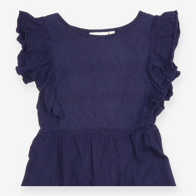 Dress Navy Blue Embroidered Ruffle Sleeve Midi Sco