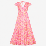 Pink Floral Flutter Sleeve Maxi Dress