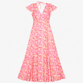 Pink Floral Flutter Sleeve Maxi Dress
