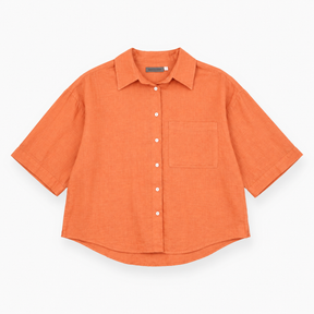 Blouse Coral Orange Linen Look Long Sleeve Patch P