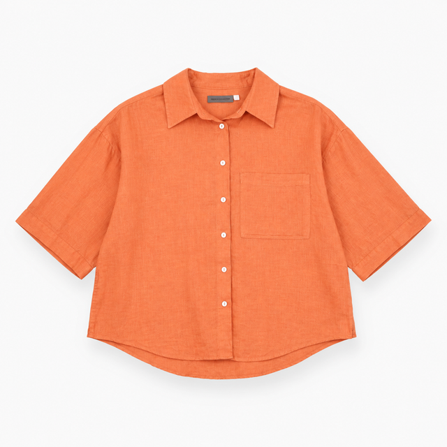Blouse Coral Orange Linen Look Long Sleeve Patch P