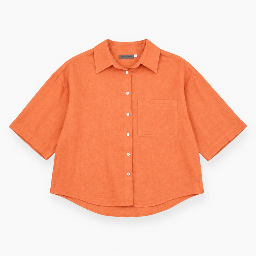 Blouse Coral Orange Linen Look Long Sleeve Patch P