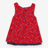 Pinafore pink flowers blue spot lining