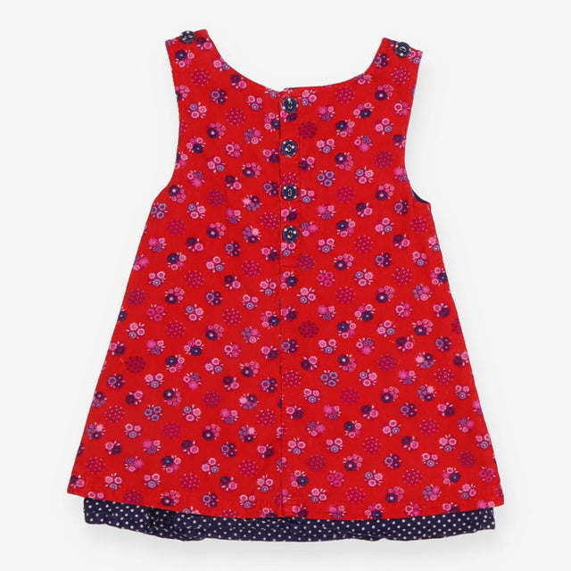Pinafore pink flowers blue spot lining
