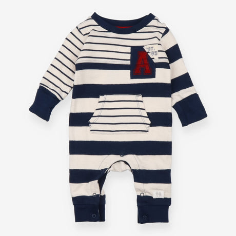 Angel and Rocket navy striped sleepsuit with red A