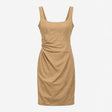 Dress Camel Brown Linen Square Neck Ruched Sleevel