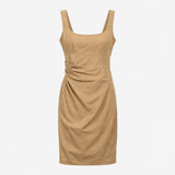 Dress Camel Brown Linen Square Neck Ruched Sleevel