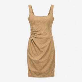Dress Camel Brown Linen Square Neck Ruched Sleevel