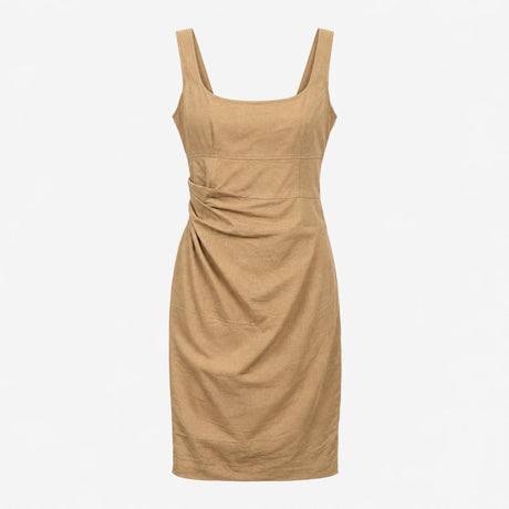 Dress Camel Brown Linen Square Neck Ruched Sleevel