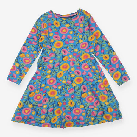 Blue long sleeve dress with bright wildflowers