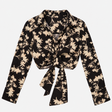 Cropped Blouse Brown Cream Floral Tie Front Long S