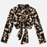 Cropped Blouse Brown Cream Floral Tie Front Long S