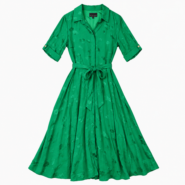 Shirt Dress Emerald Green Tonal Floral Tie Waist