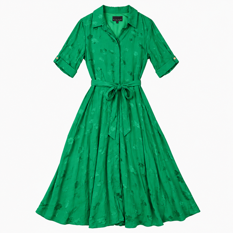 Shirt Dress Emerald Green Tonal Floral Tie Waist