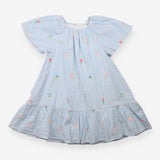 Blue Seersucker Dress with Embroided Ice Creams
