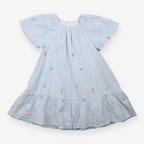 Blue Seersucker Dress with Embroided Ice Creams