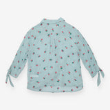 Blouse Pale Blue Cherry Print Tie Cuff Long Sleeve