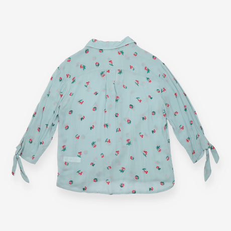 Blouse Pale Blue Cherry Print Tie Cuff Long Sleeve