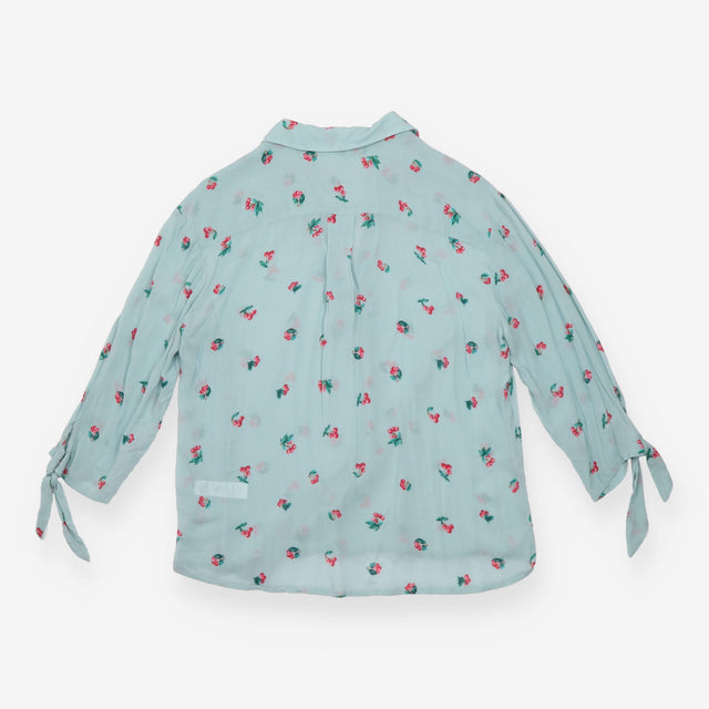 Blouse Pale Blue Cherry Print Tie Cuff Long Sleeve