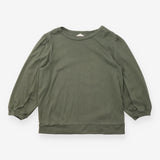Top Khaki Olive Green Puff 3/4 Sleeve Crew Neck