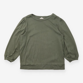 Top Khaki Olive Green Puff 3/4 Sleeve Crew Neck