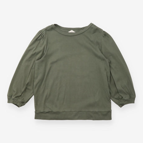 Top Khaki Olive Green Puff 3/4 Sleeve Crew Neck