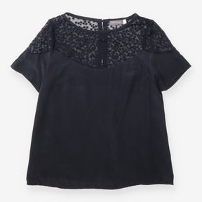 Silk Blouse Black Star Lace Yoke Short Sleeve
