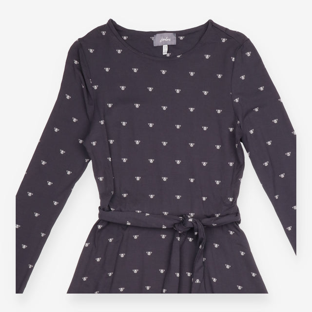 Dress Black Bee Print Long Sleeve Belted Midi