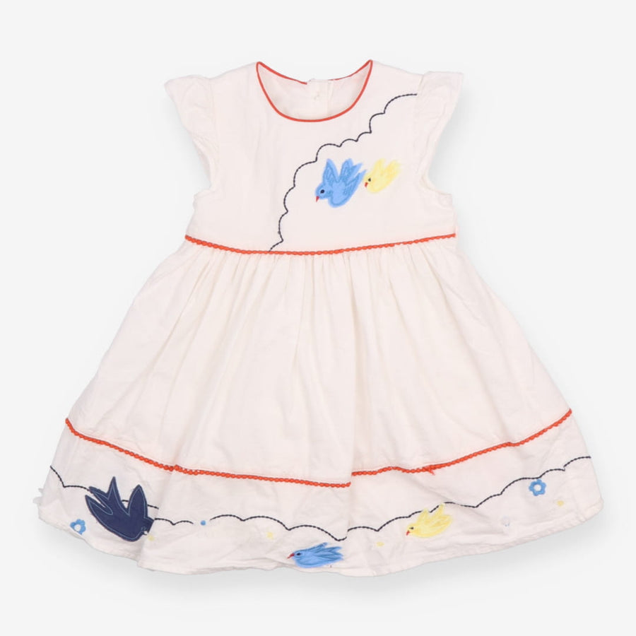 White Dress with Blue and Yellow Birds
