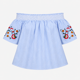 Off The Shoulder Embroidered Bardot Top Blue White