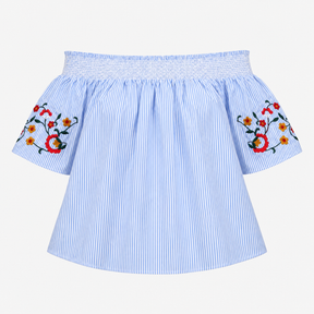 Off The Shoulder Embroidered Bardot Top Blue White