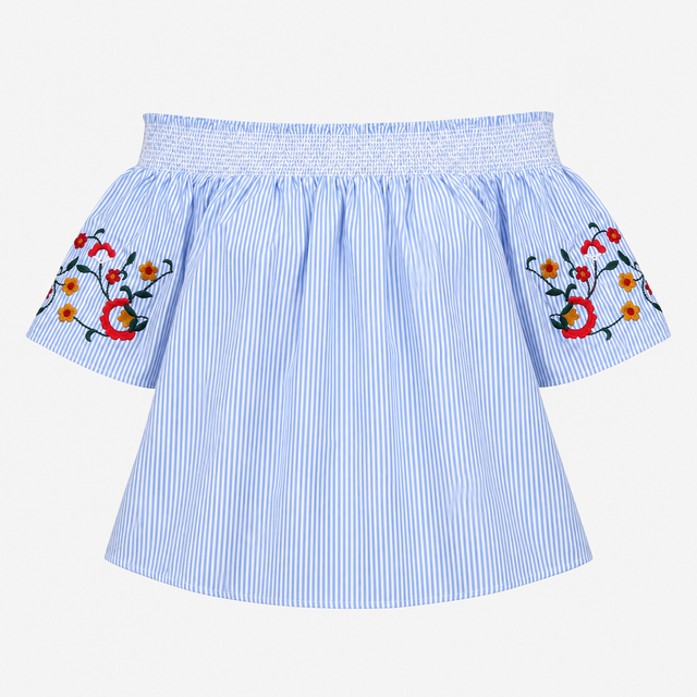 Off The Shoulder Embroidered Bardot Top Blue White